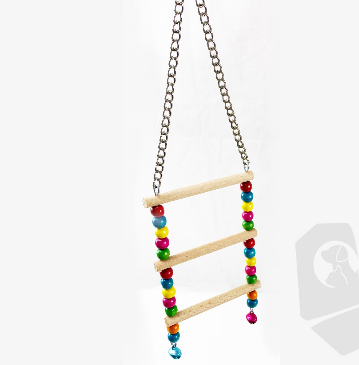 Juguete para pajaros escalera 3 pelda&ntilde;os con bolas de colores, cascabeles y colgador de cadena 9x30cm