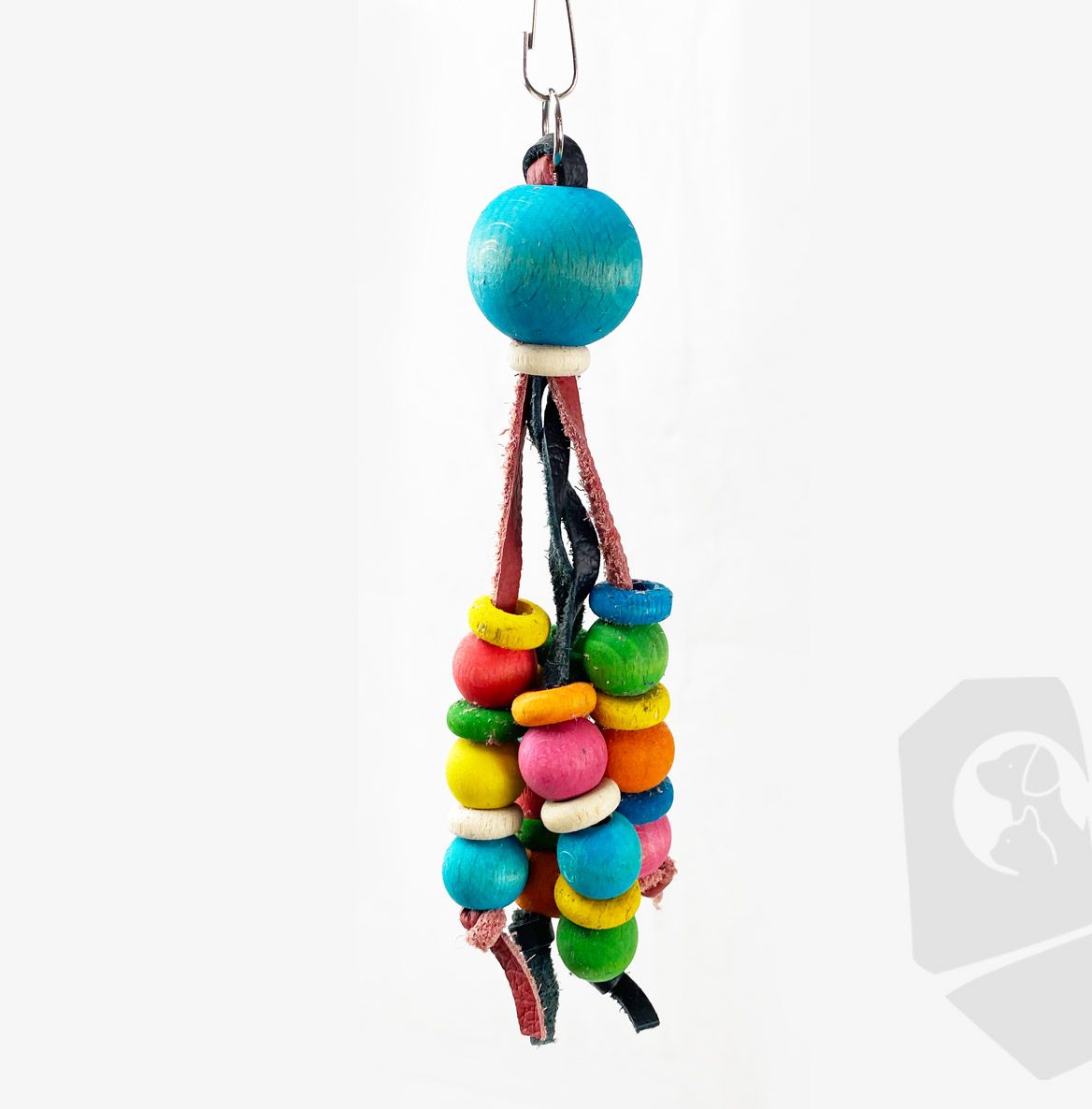 Juguete para pajaros con bolas de madera de colores y cuerda de cuero 5x20cm ( Blister 6 uds )
