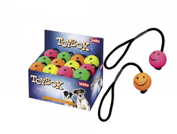 Pelota Smiley de gomaespuma con cuerda 6,3 cm; displey 24 unidades