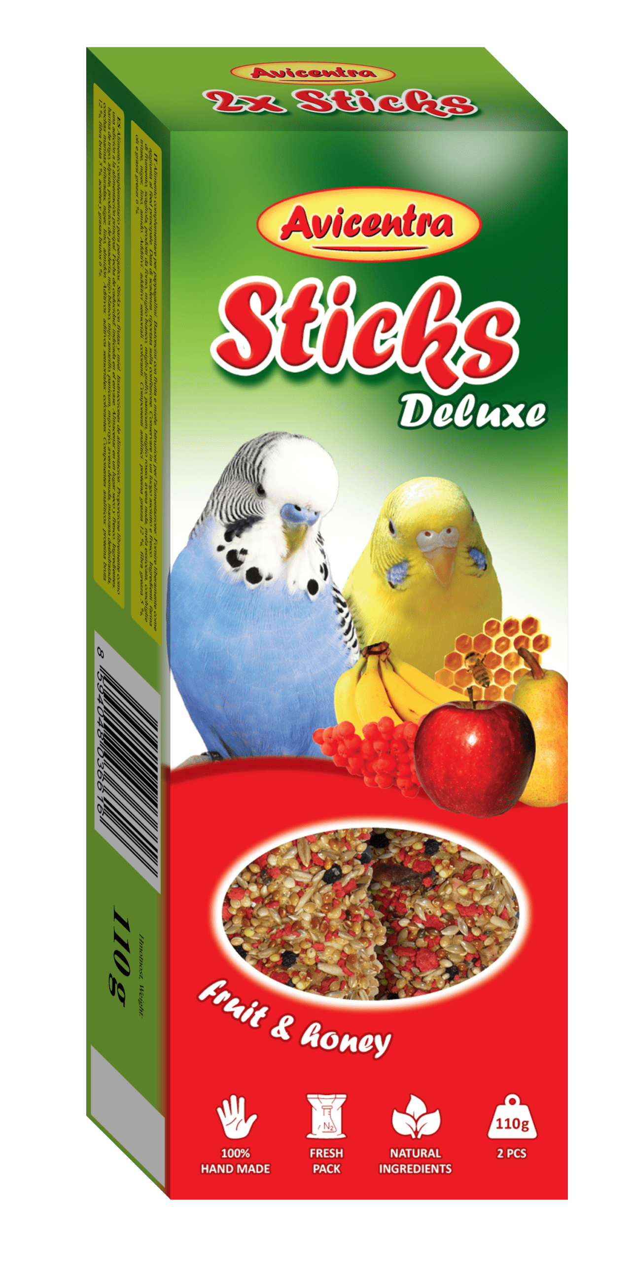 Sticks Deluxe - periquitos con frutas y miel 110 g (10 cajas)