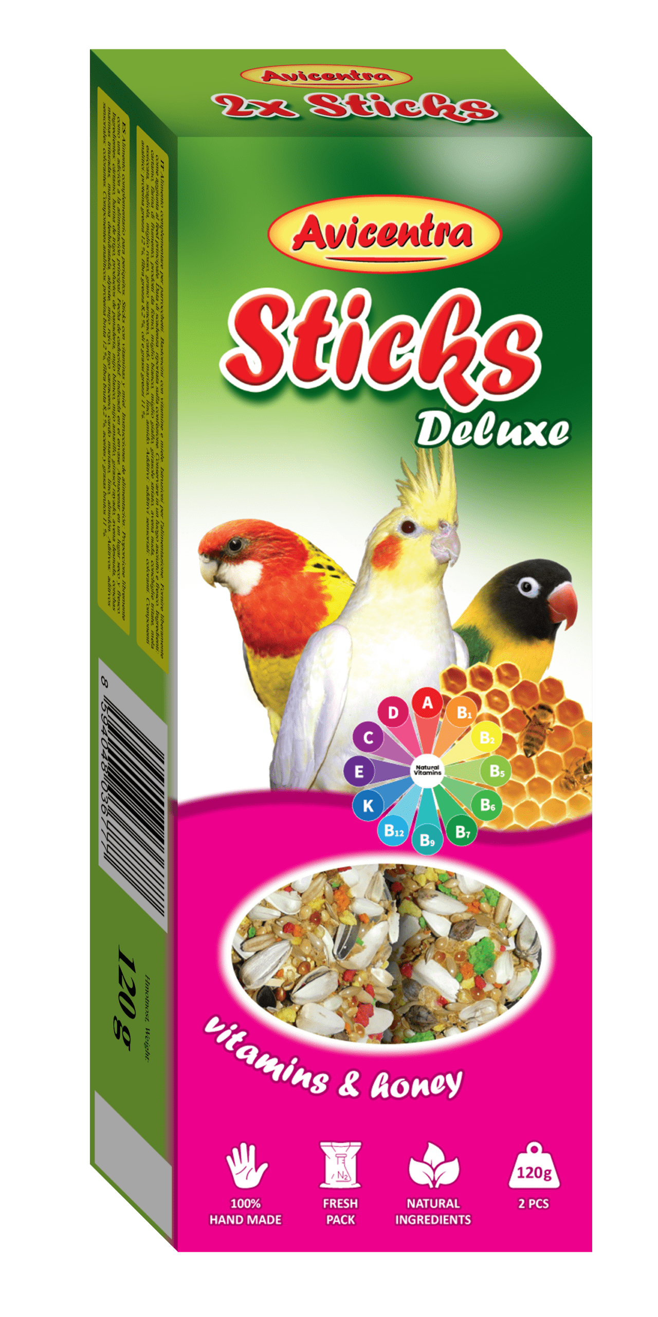 Sticks Deluxe - Ninfas y agapornis con vitaminas y miel 120 g (10 cajas)