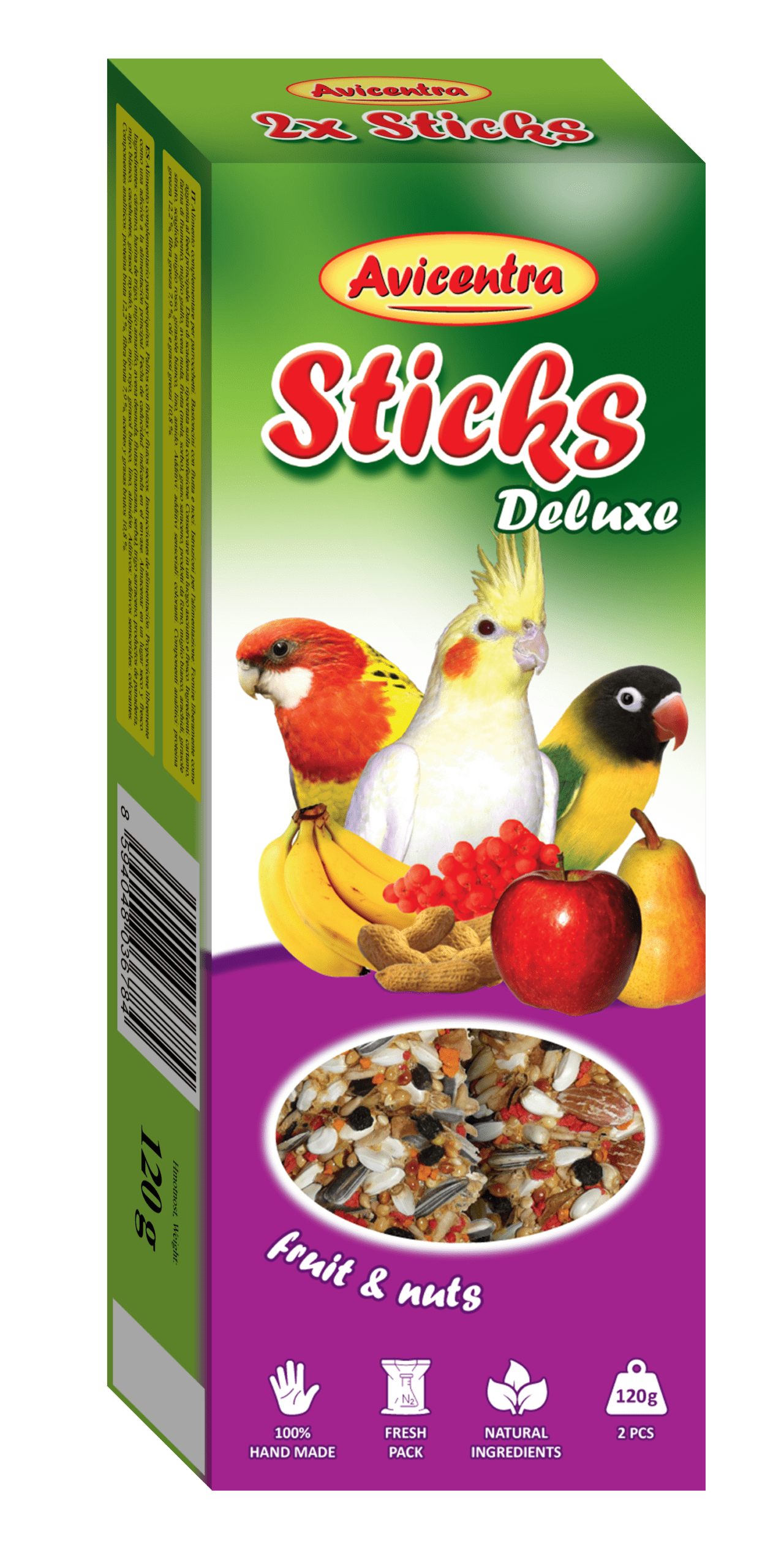 PROMO Sticks Deluxe - Ninfas y agapornis con frutas y frutos secos 120gr (8+2)