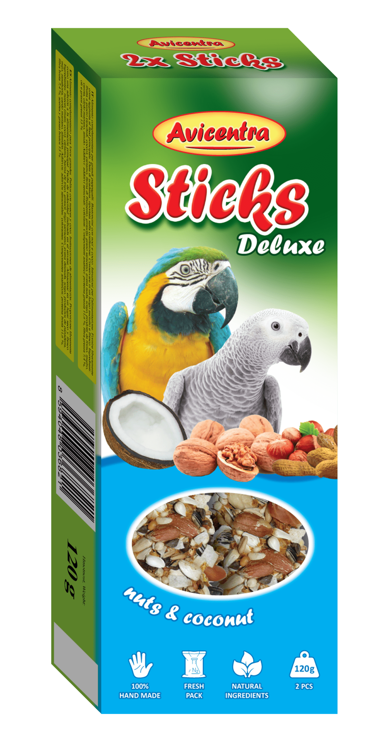 Sticks Deluxe - Loros con coco y frutos secos (120 g) (10 cajas)