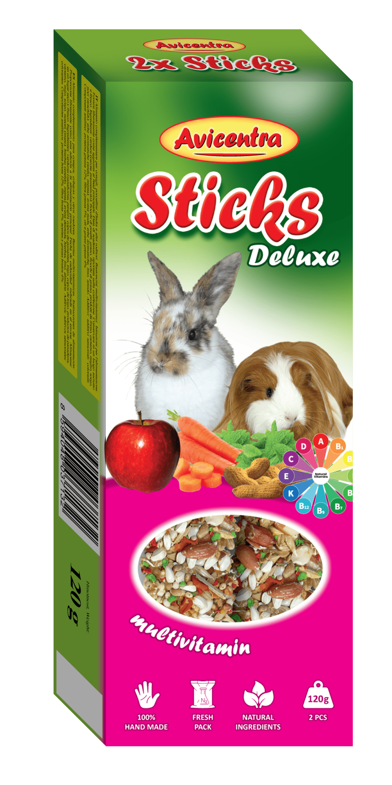 Sticks Deluxe - Conejos, chinchillas y cobayas con multivitaminas (120 g) (10 cajas)