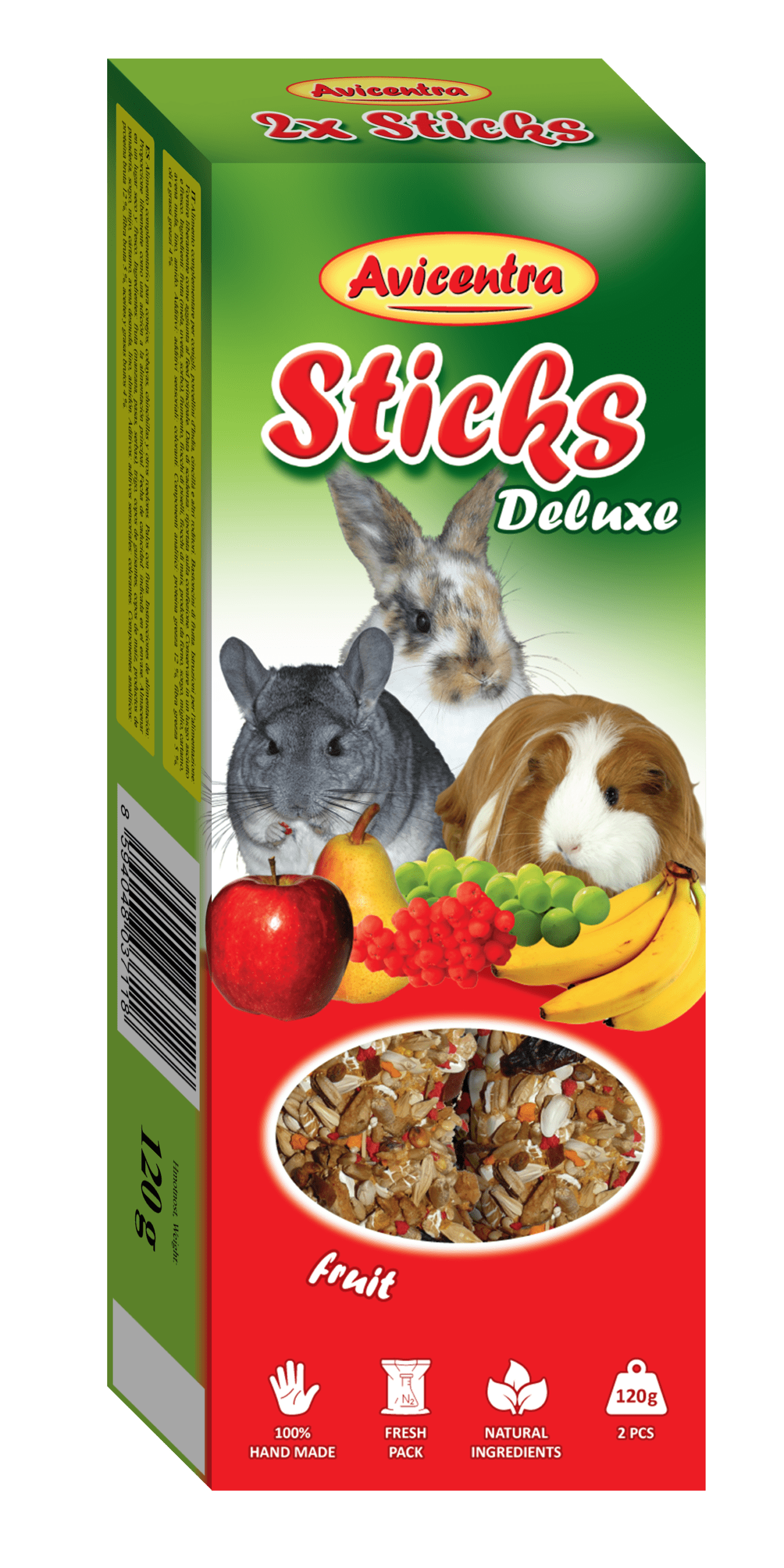 Sticks Deluxe - Conejos, chinchillas y cobayas con frutas (120 g) (10 cajas)