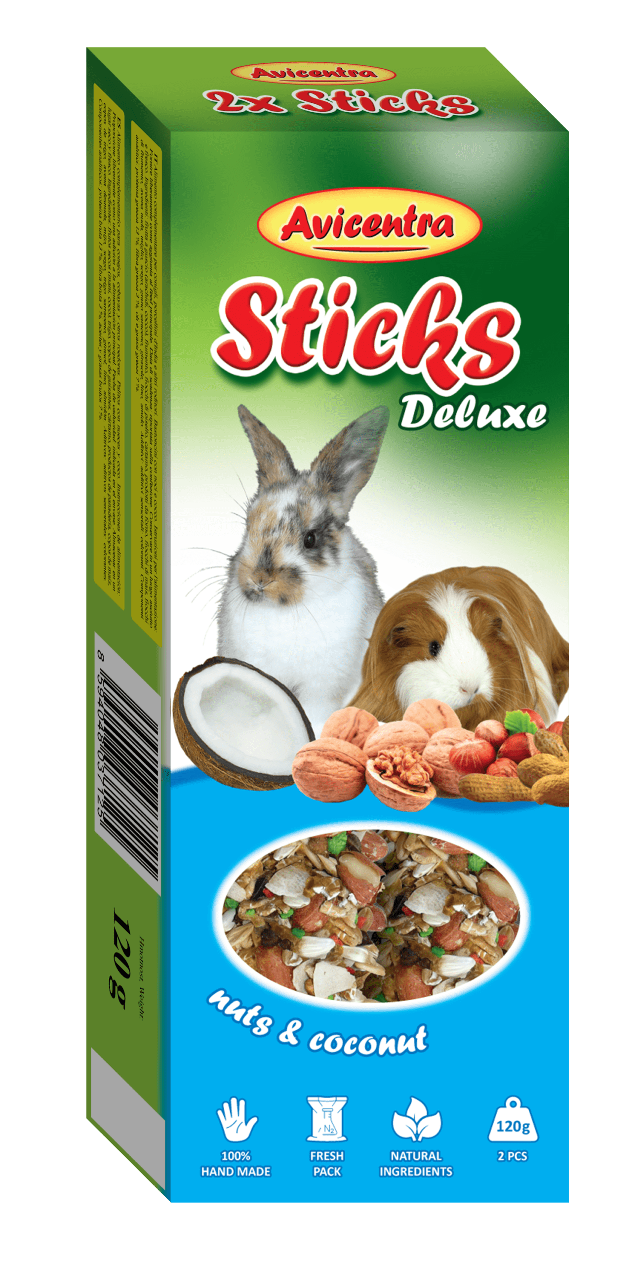 AV723 Sticks Deluxe - Conejos, chinchillas y cobayas con coco y frutos secos (120 g) (10 cajas) - Imagen 1