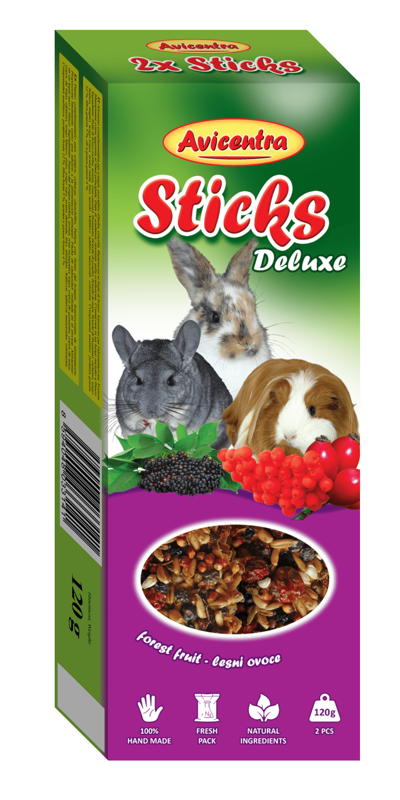 Sticks Deluxe - Conejos, chinchillas y cobayas con coco y frutos del bosque (120 g) (10 cajas)